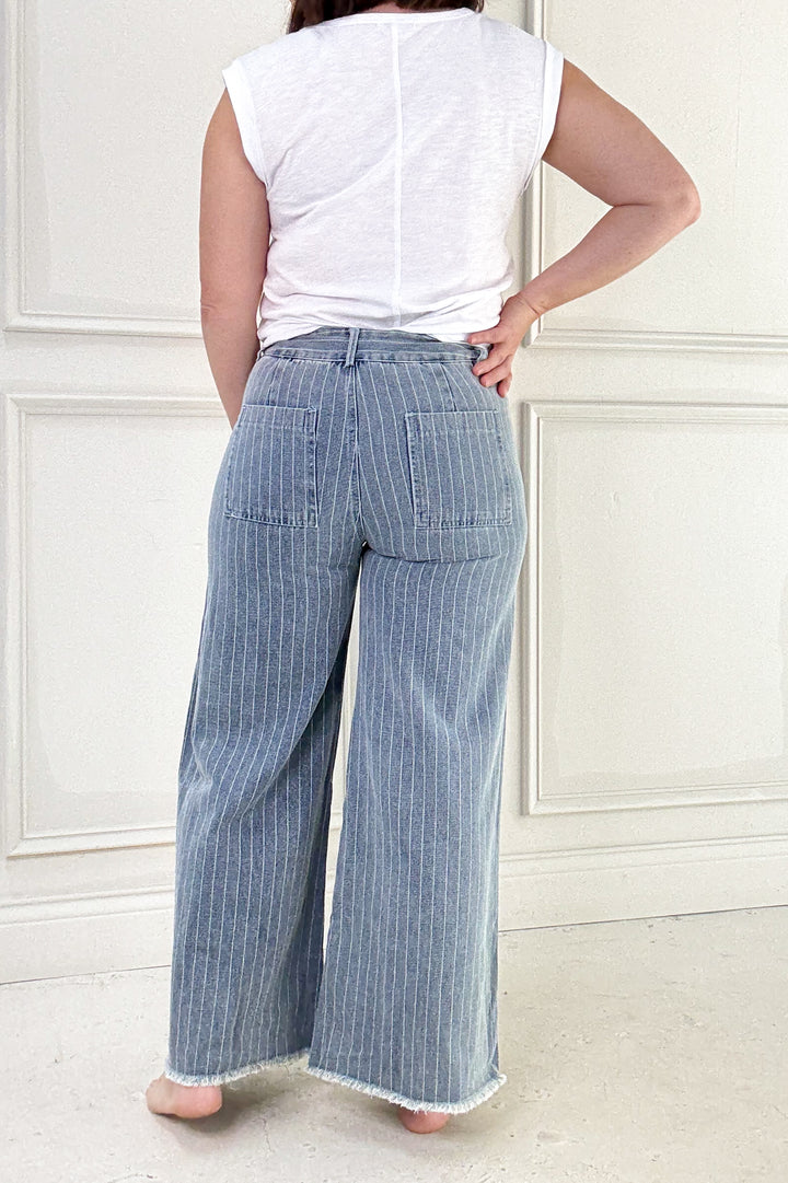 Washed Stripe Denim Frayed Hem Pants