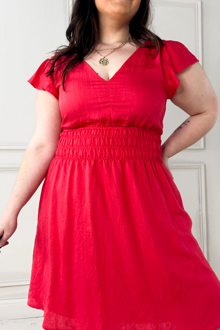 Double V Flutter Sleeve Smocked Mini Dress