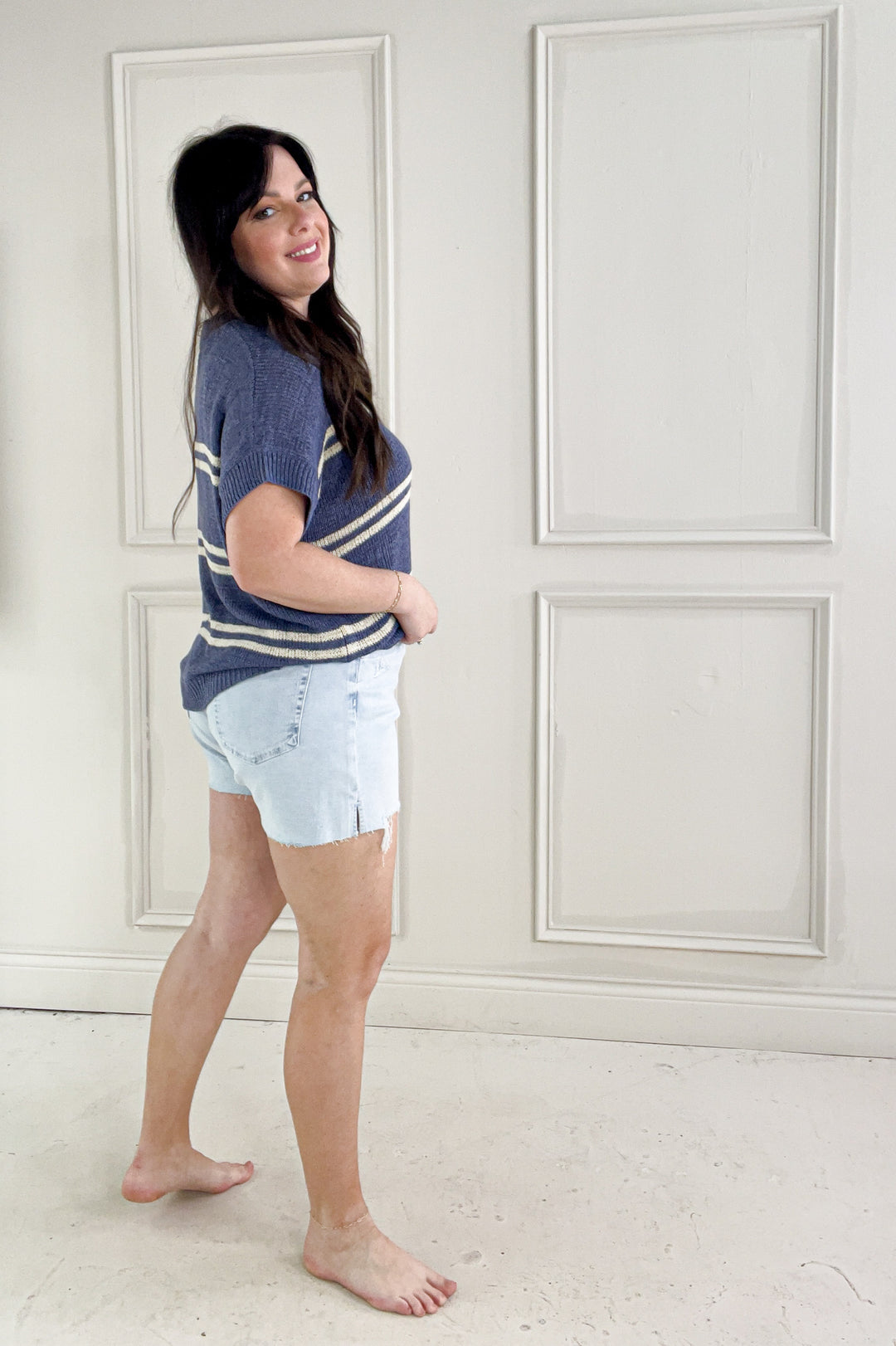 Double Stripe Cap Sleeve V-Neck Sweater