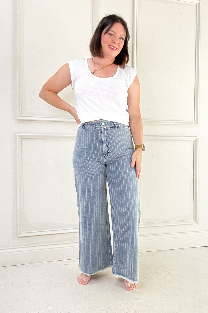 Washed Stripe Denim Frayed Hem Pants