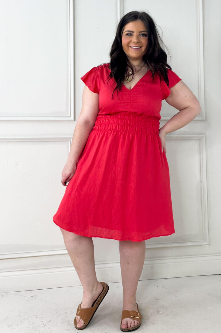 Double V Flutter Sleeve Smocked Mini Dress