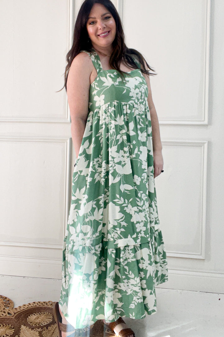 Cap Sleeve Printed Square Neck Midi Dress