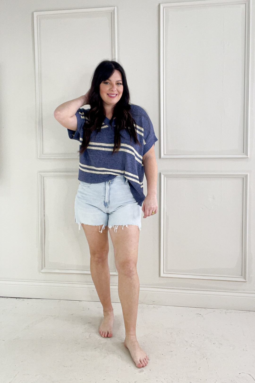 Double Stripe Cap Sleeve V-Neck Sweater