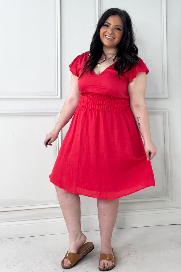 Double V Flutter Sleeve Smocked Mini Dress