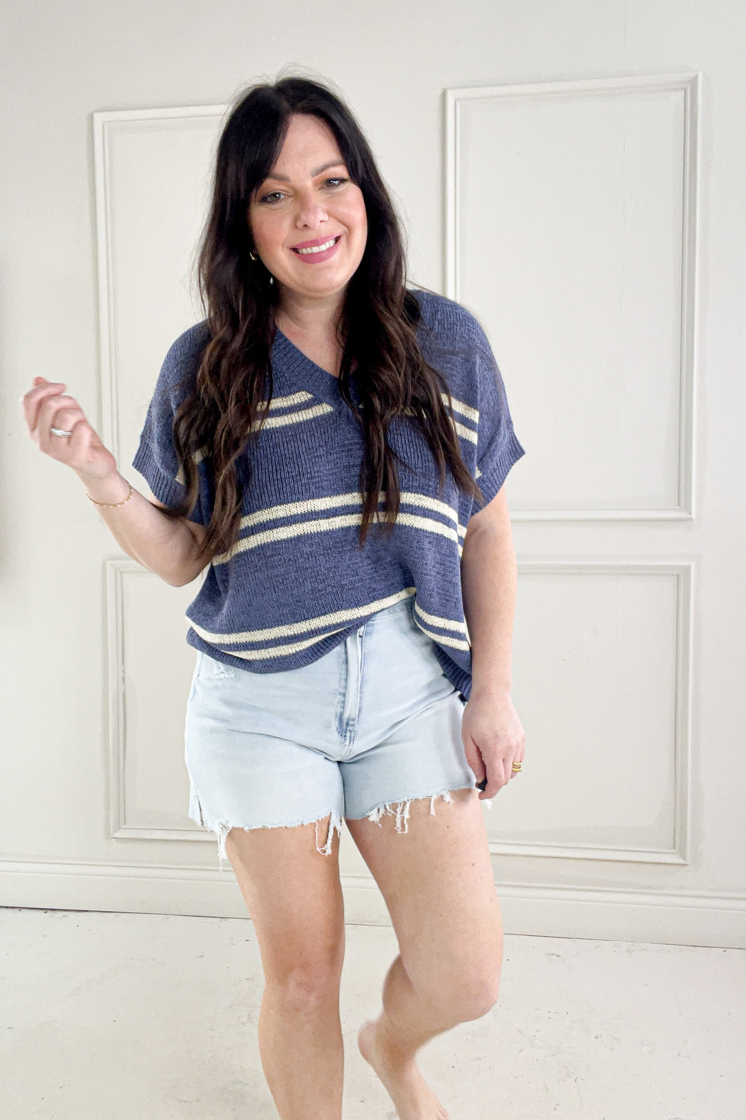 Double Stripe Cap Sleeve V-Neck Sweater