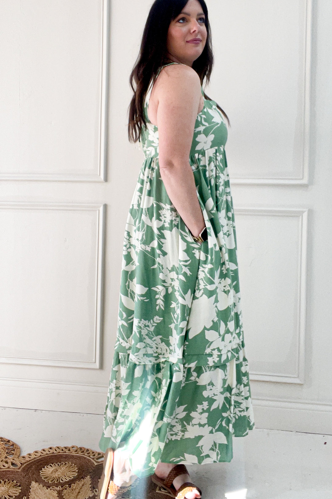 Cap Sleeve Printed Square Neck Midi Dress