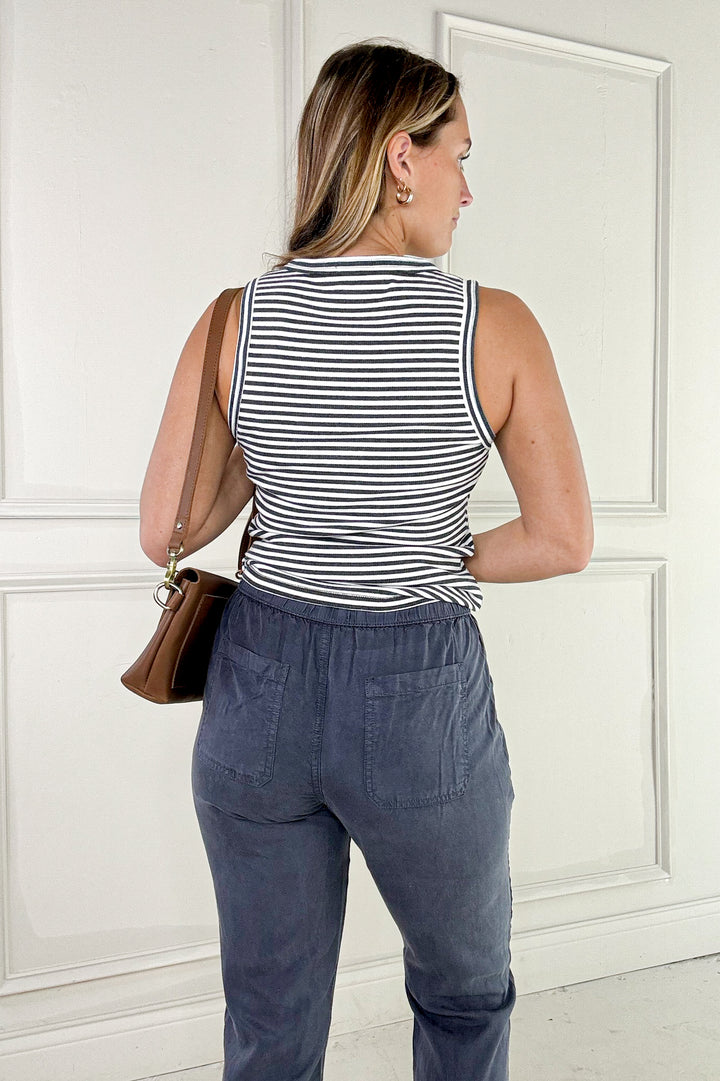 Scoop Neck Half Button Stripe Tank Top