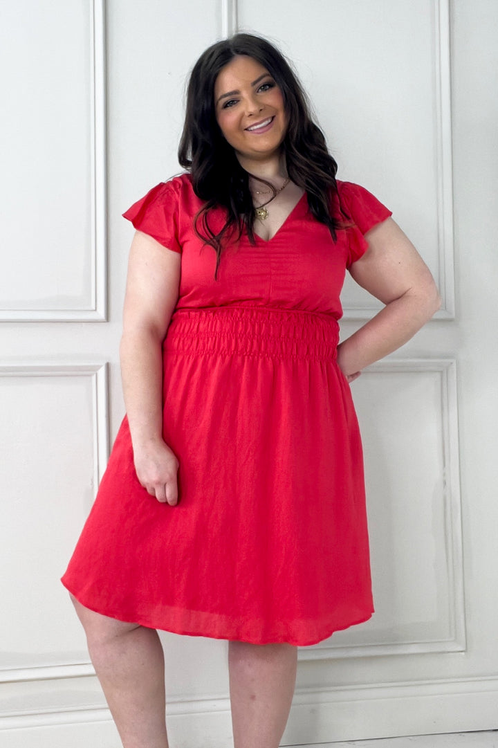 Double V Flutter Sleeve Smocked Mini Dress