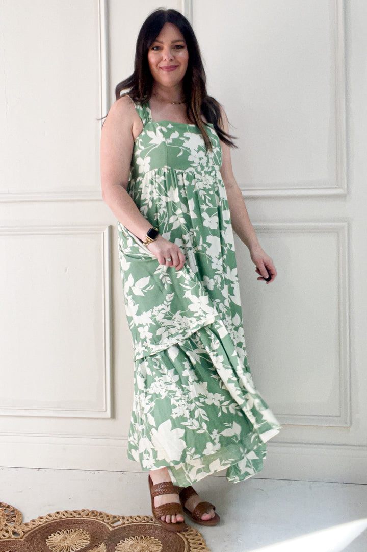 Cap Sleeve Printed Square Neck Midi Dress