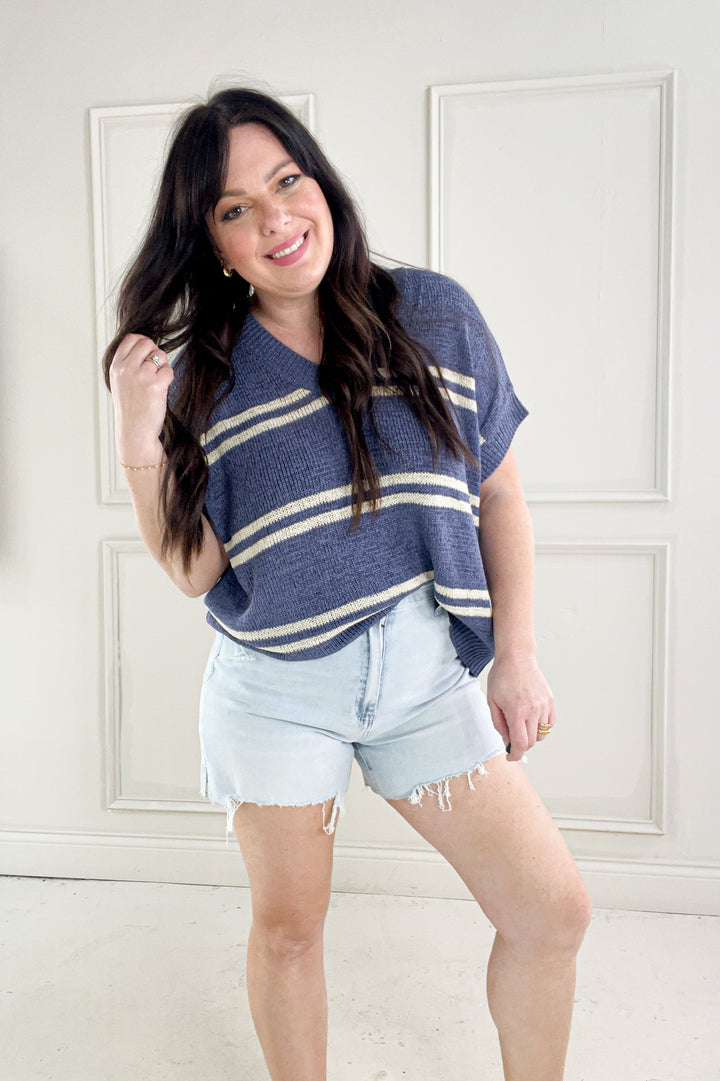 Double Stripe Cap Sleeve V-Neck Sweater