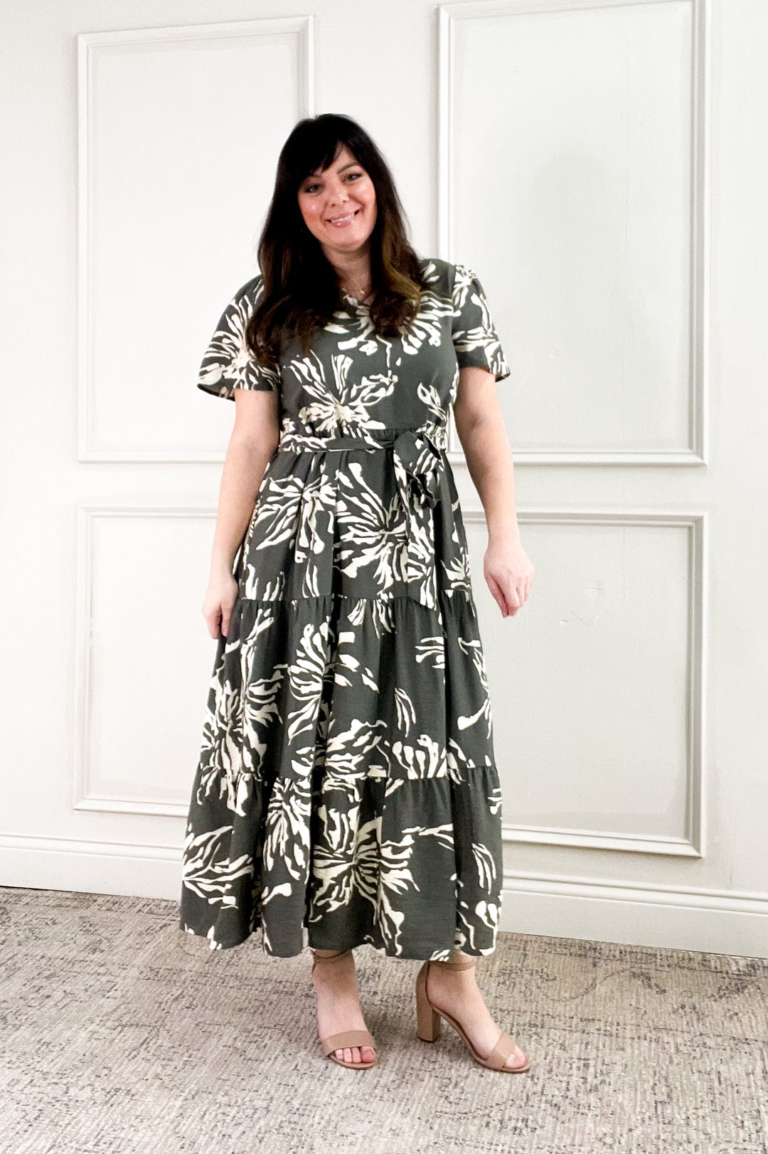 Short Sleeve Printed Tiered Midi Dress