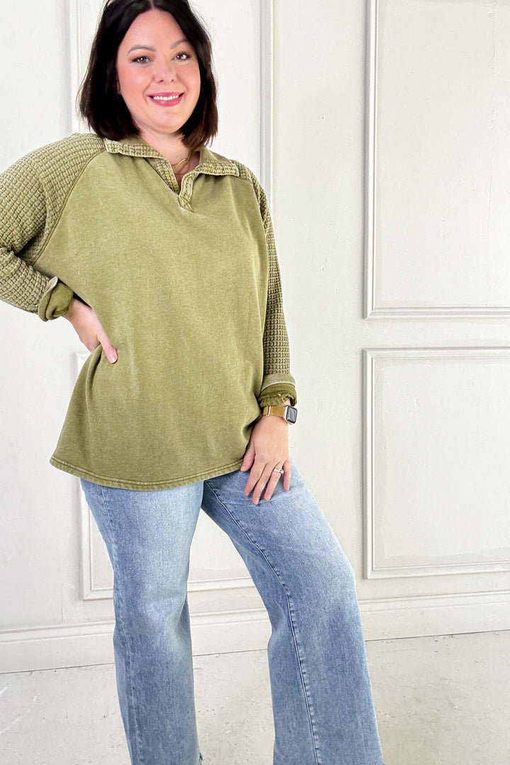 Duality Waffle Knit Henley Long Sleeve Top