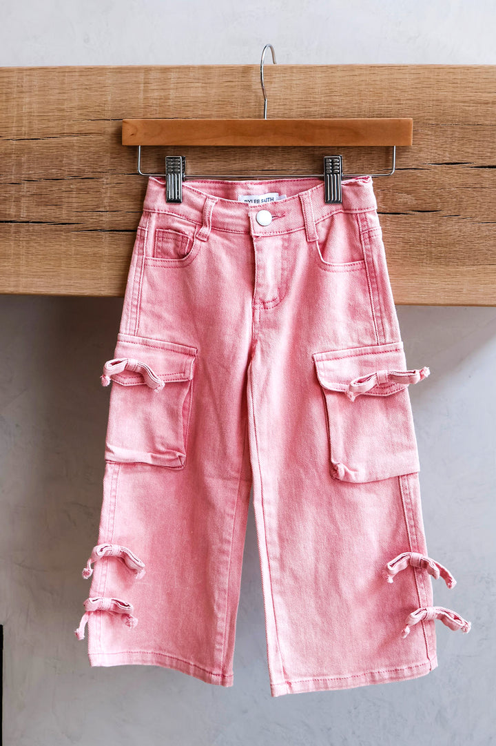 Girls’ Pink Wide Leg Cargo Jeans with Bows