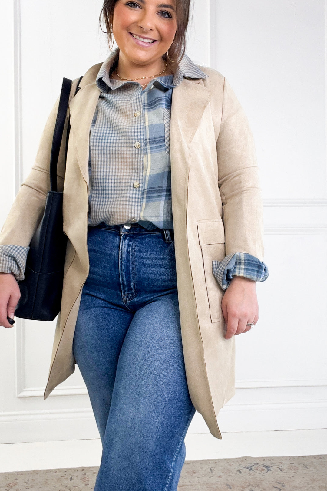 Long Sleeve Open Front Faux Suede Jacket