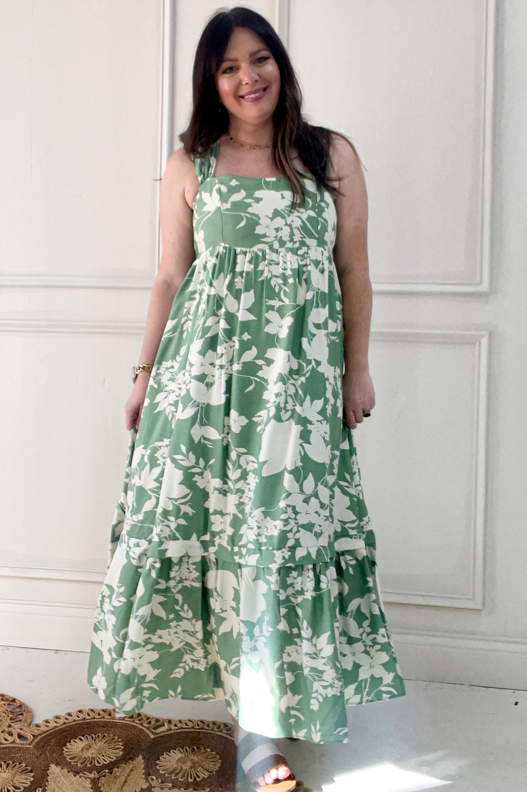 Cap Sleeve Printed Square Neck Midi Dress