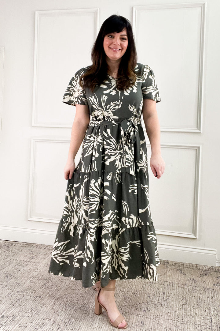 Short Sleeve Printed Tiered Midi Dress