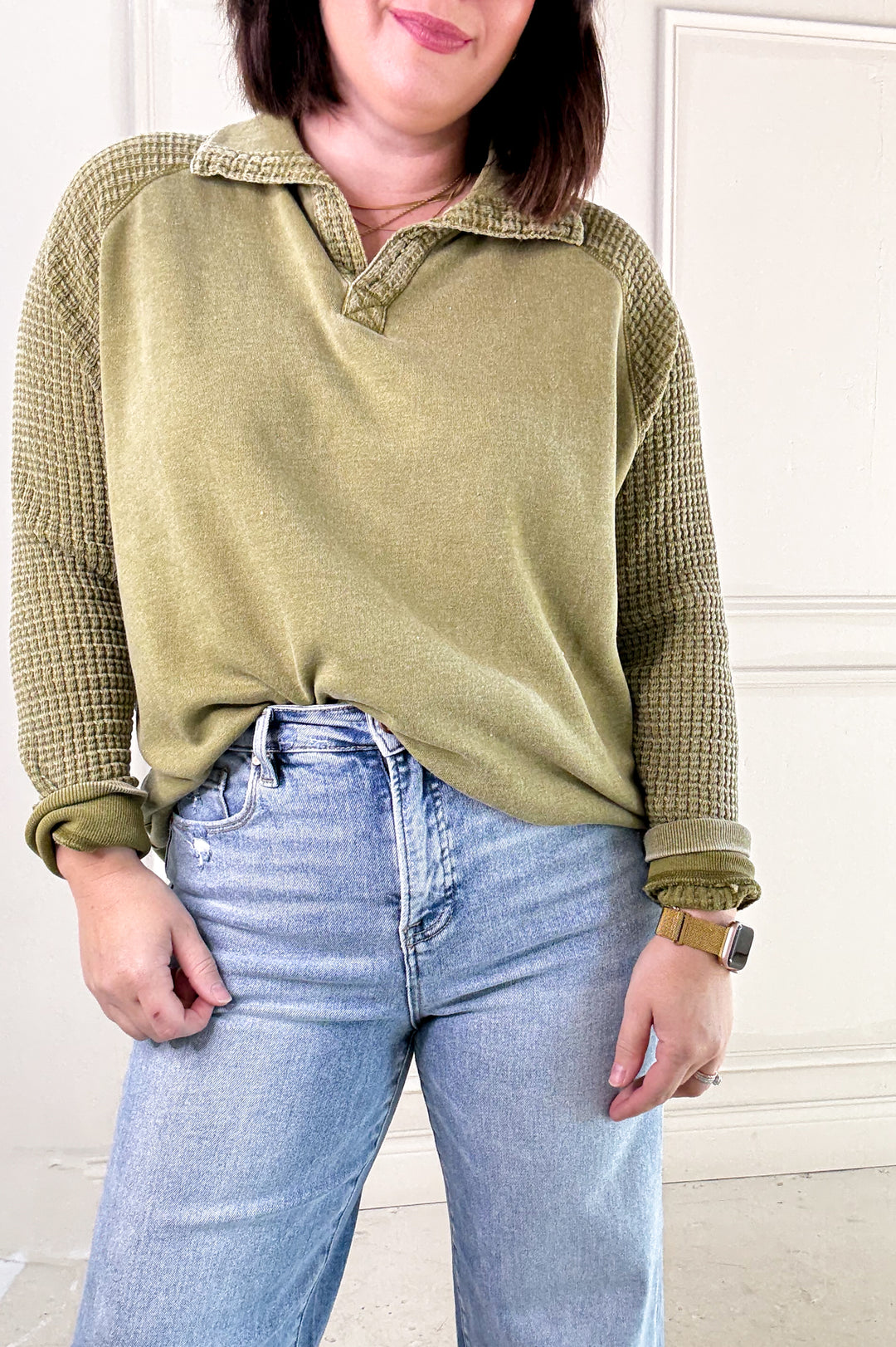 Duality Waffle Knit Henley Long Sleeve Top