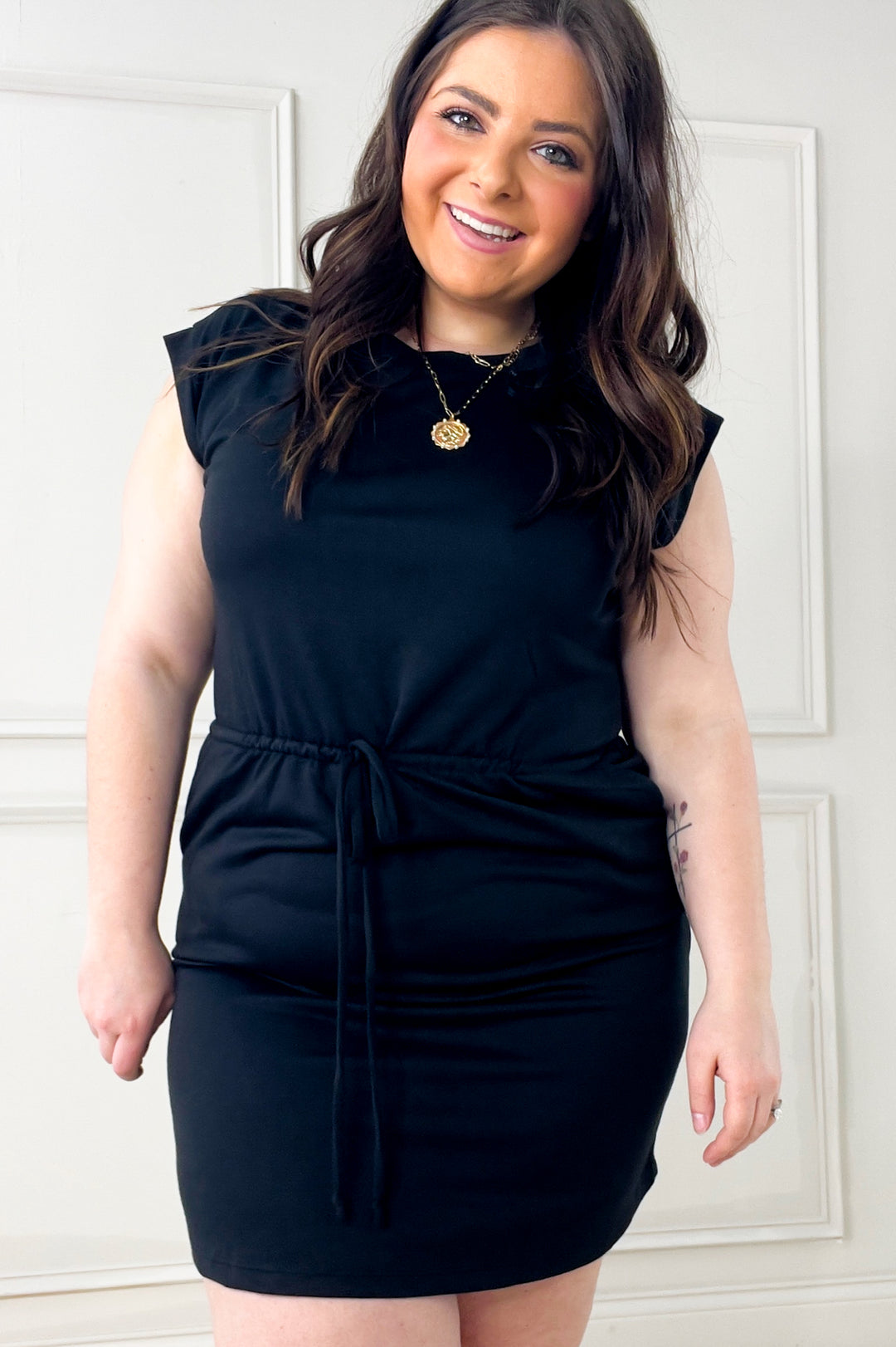 Drawstring Waist Cap Sleeve Mini Dress