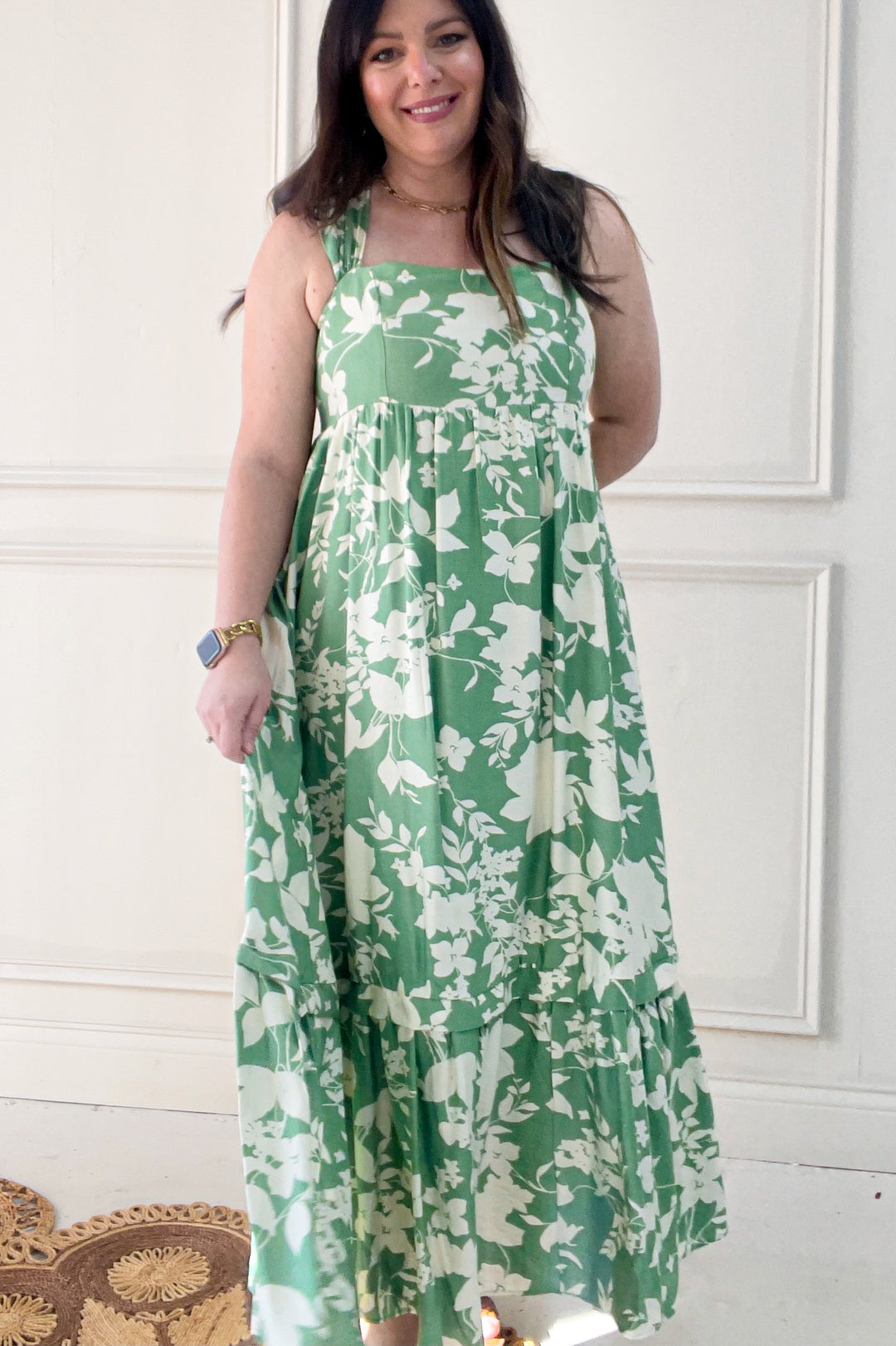 Cap Sleeve Printed Square Neck Midi Dress