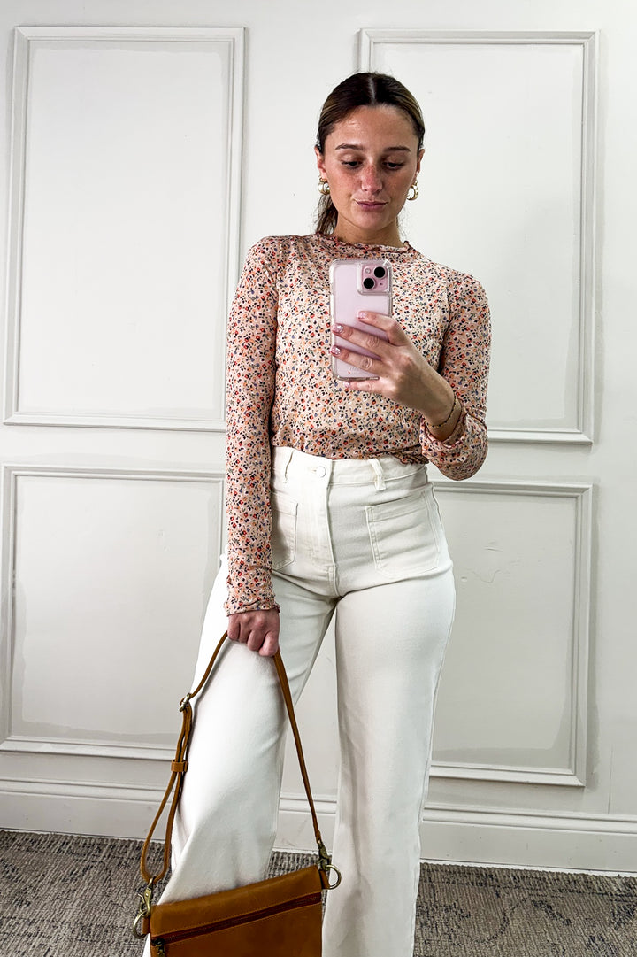 Semi Sheer Floral Mesh Long Sleeve Top