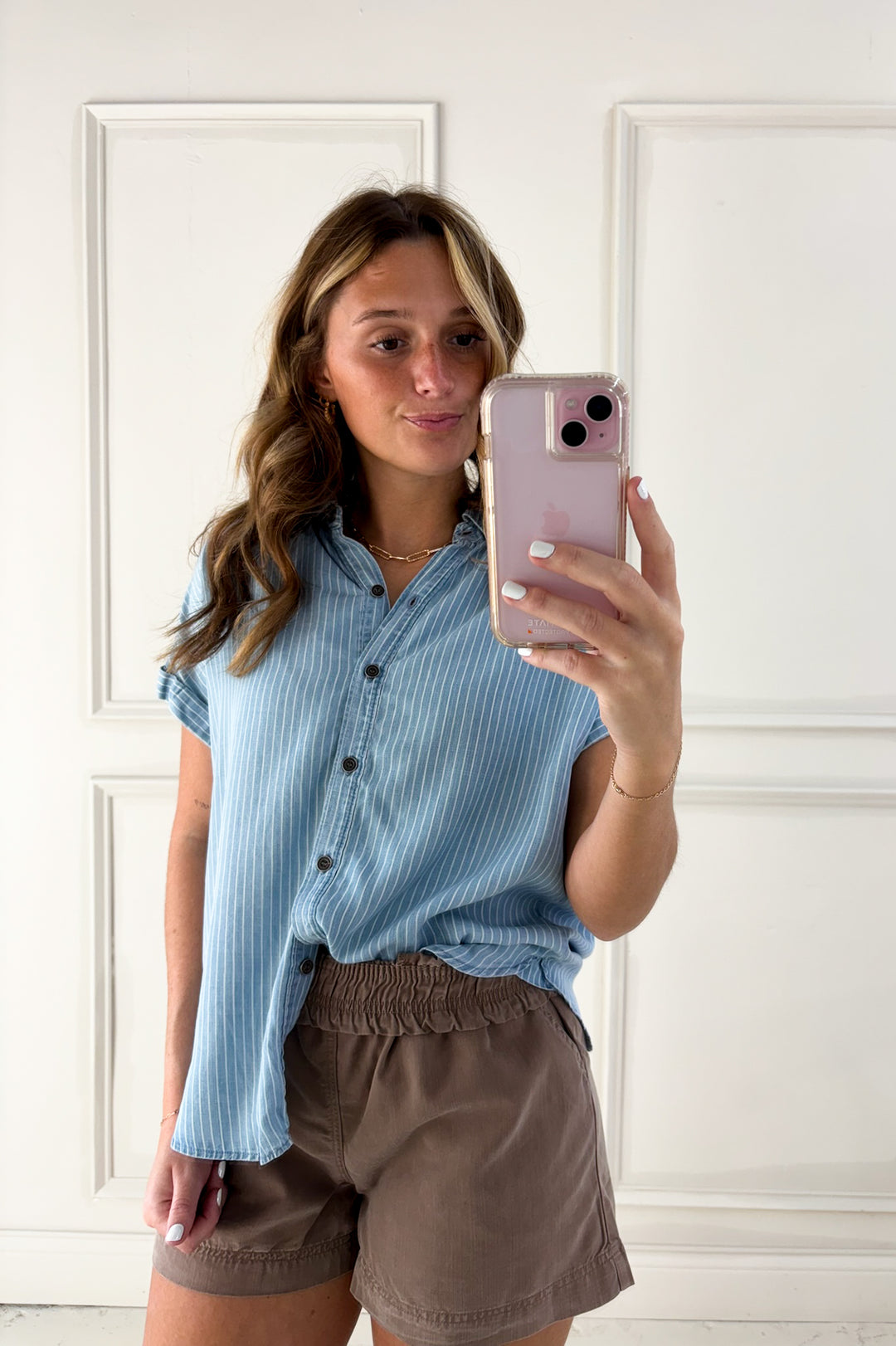 Short Rolled Sleeve Button Up Pinstripe Blouse