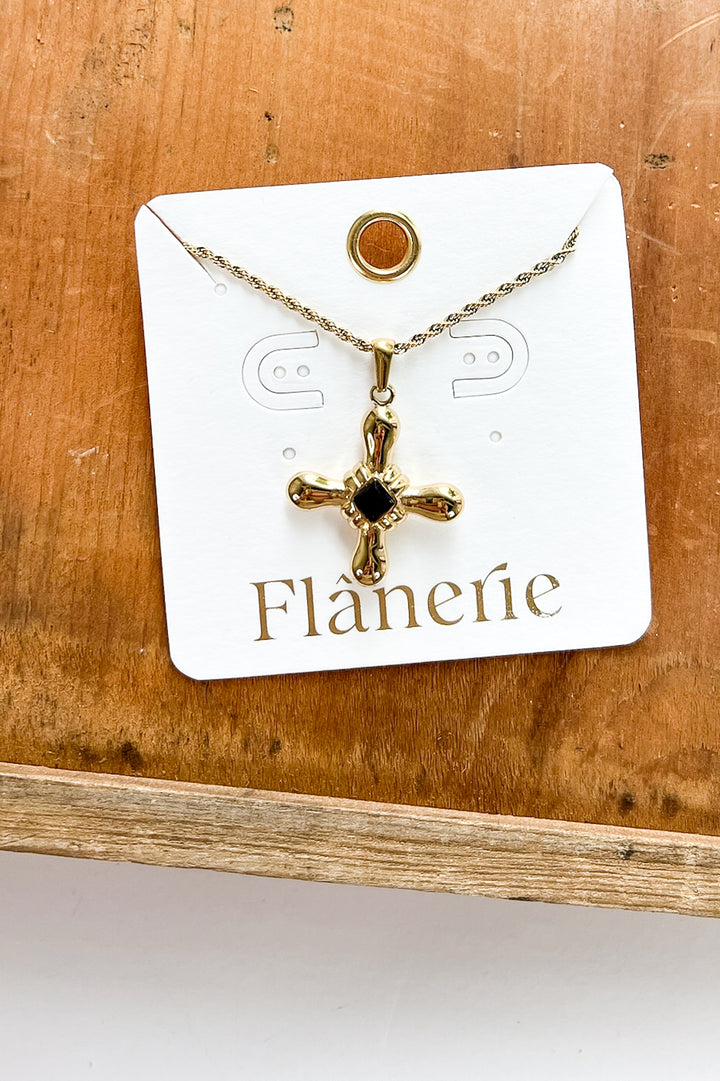 Stone Cross 18K Gold Necklace