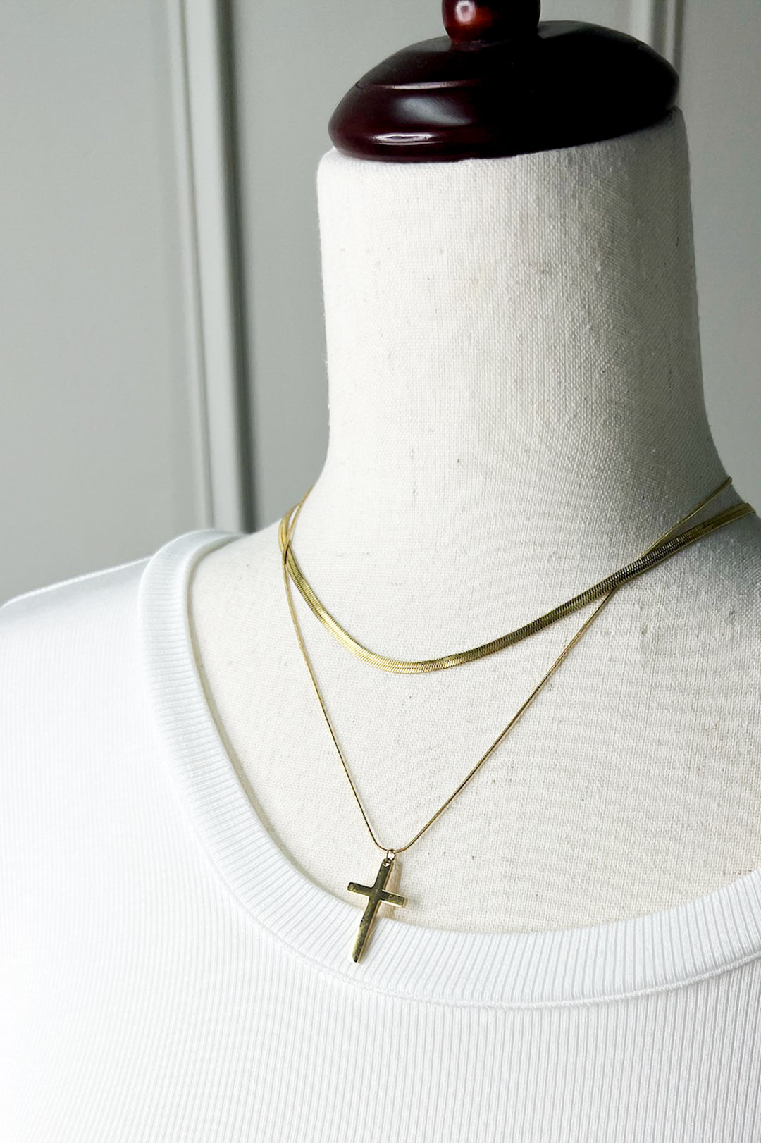 Layered Gold Herringbone & Cross Necklace
