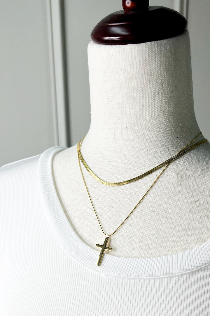 Layered Gold Herringbone & Cross Necklace