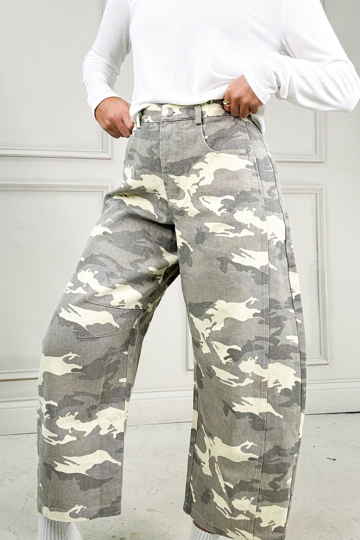 Camo Print Wide Leg Barrel Jeans