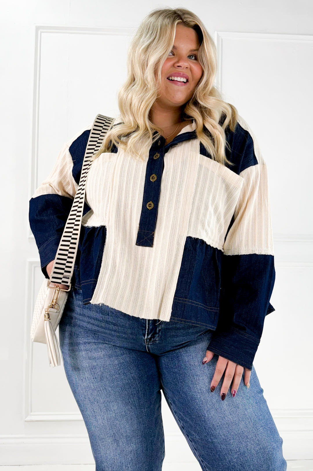 Denim Patchwork Button Down Waffle Knit Curvy Top