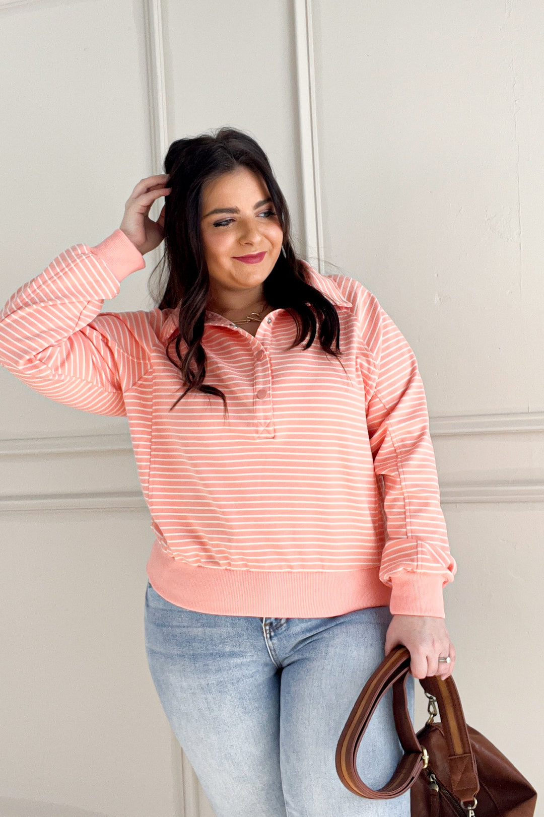 Collared Snap Button Striped Sweatshirt Pullover
