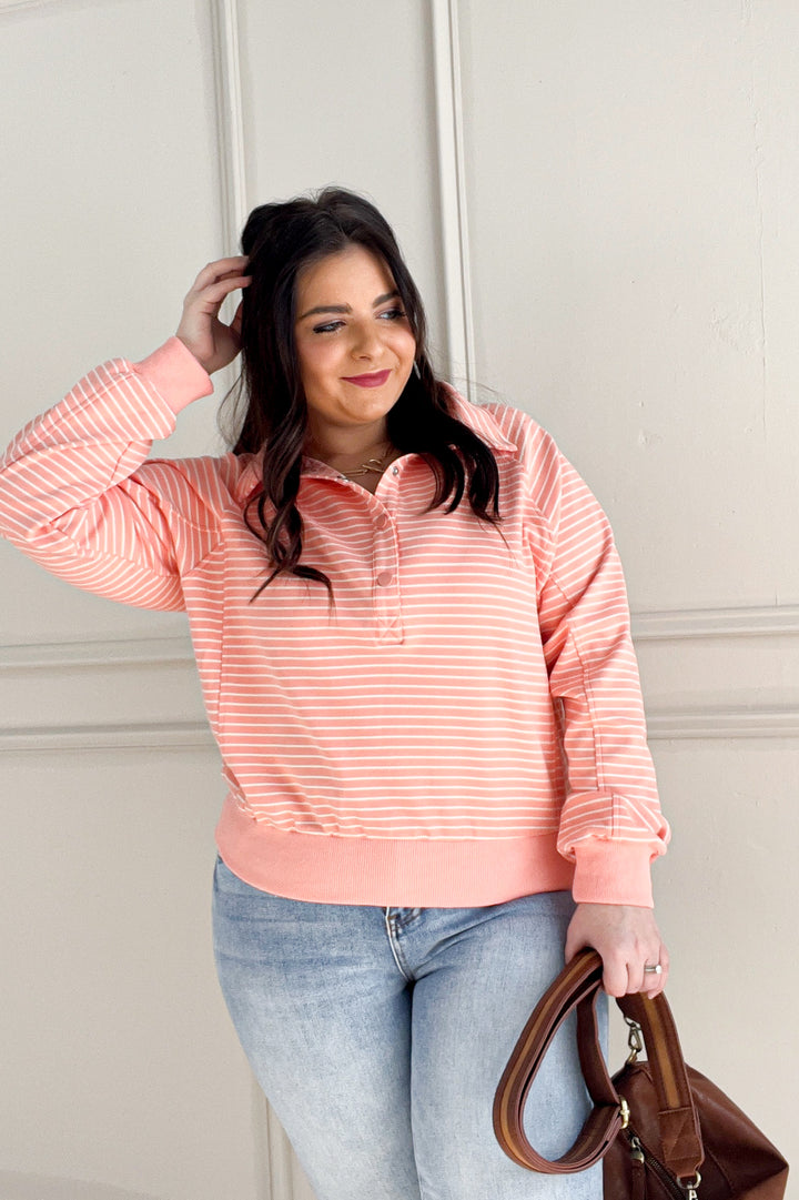 Collared Snap Button Striped Sweatshirt Pullover
