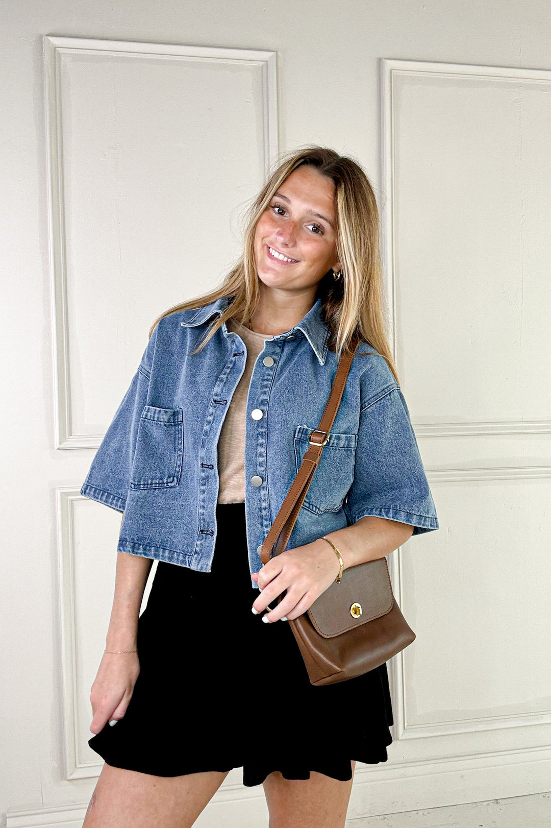 Button Up Short Sleeve Denim Crop Jacket