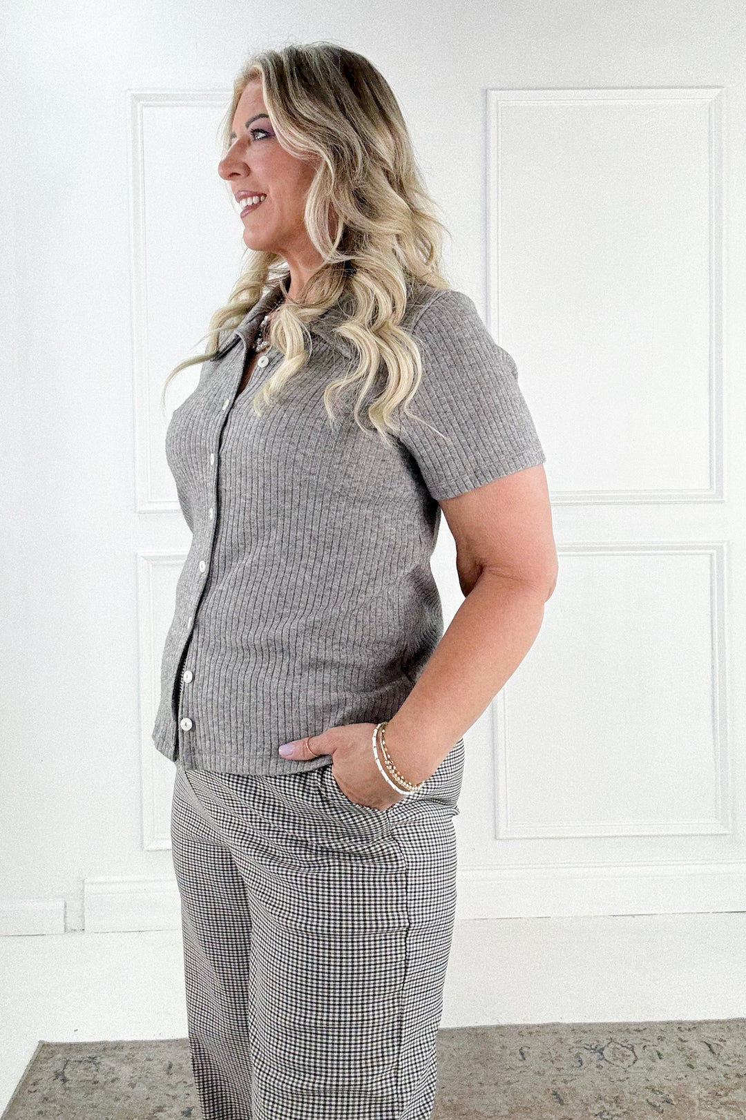 Short Sleeve Button Up Ribbed Blouse