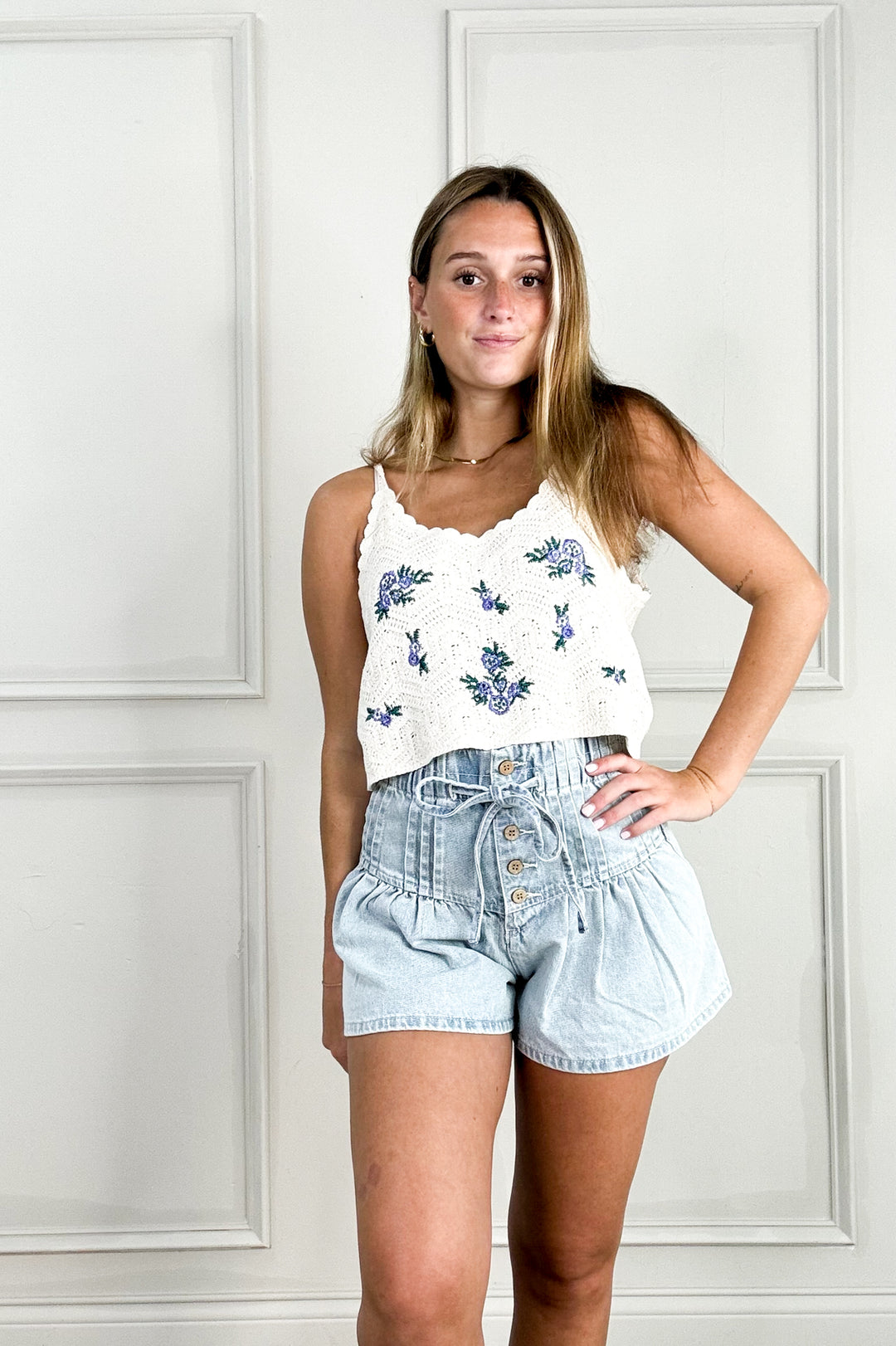 Elastic Drawstring Flared Denim Shorts