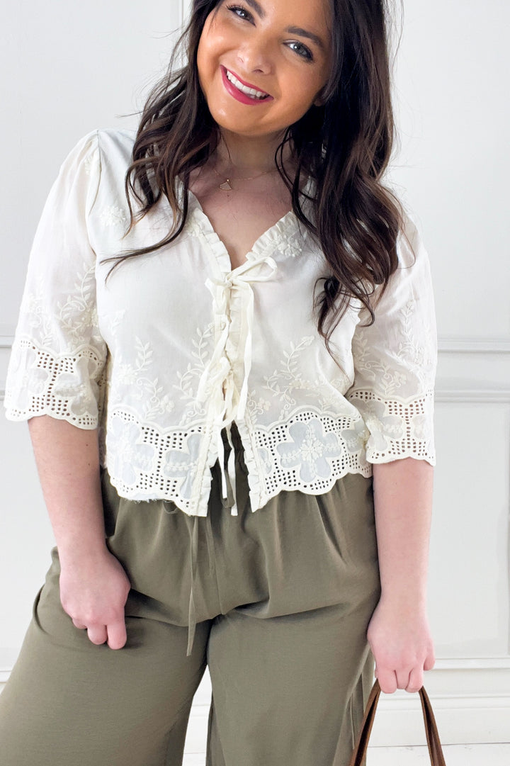 Floral Embroidery Tie Front Blouse