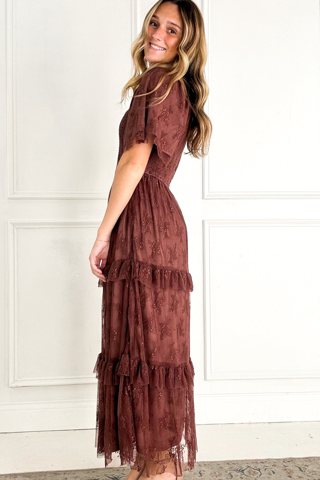 Chocolate Lace Tiered Holiday Maxi Dress