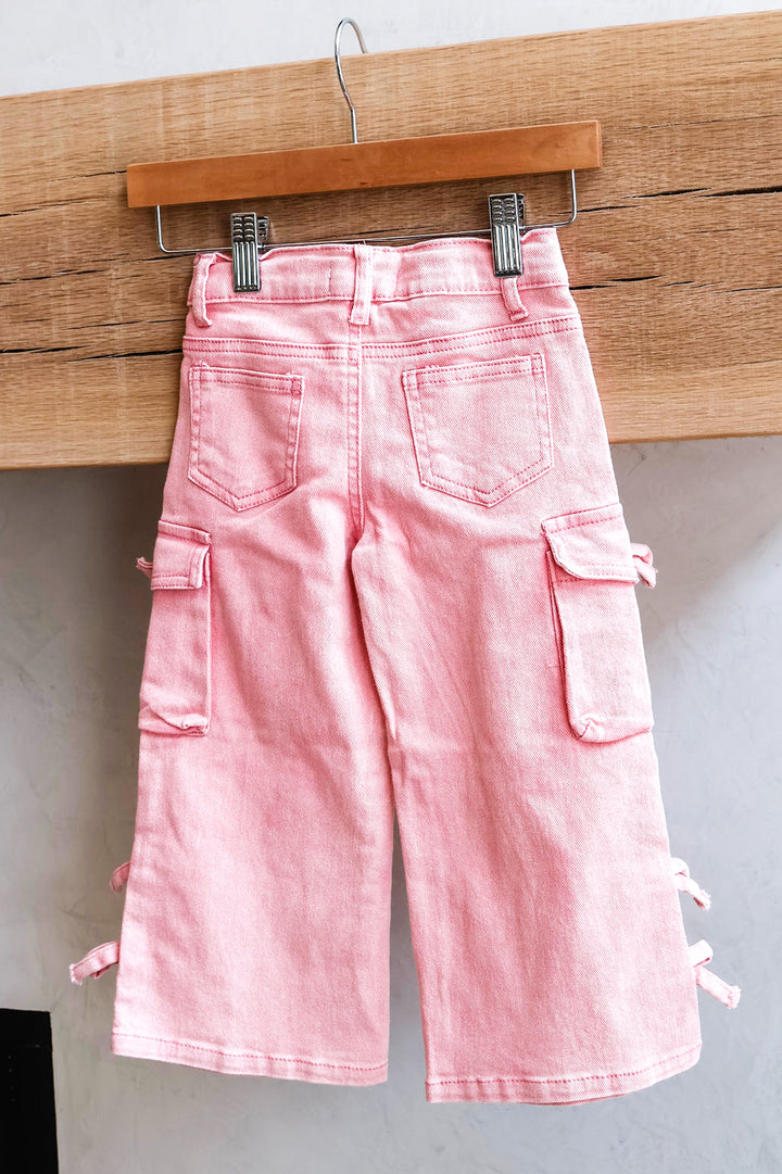 Girls’ Pink Wide Leg Cargo Jeans with Bows