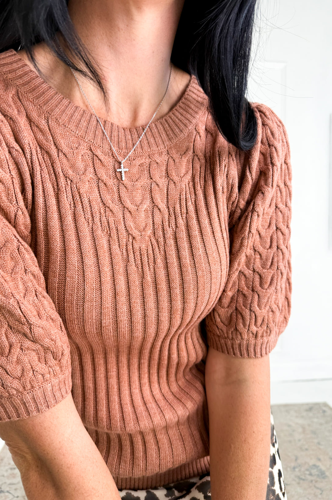 Cable Knit Short Sleeve Sweater Top