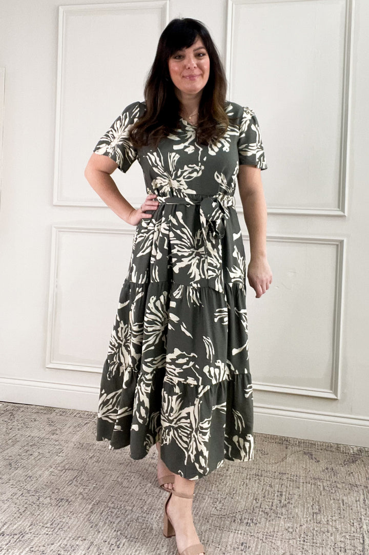 Short Sleeve Printed Tiered Midi Dress