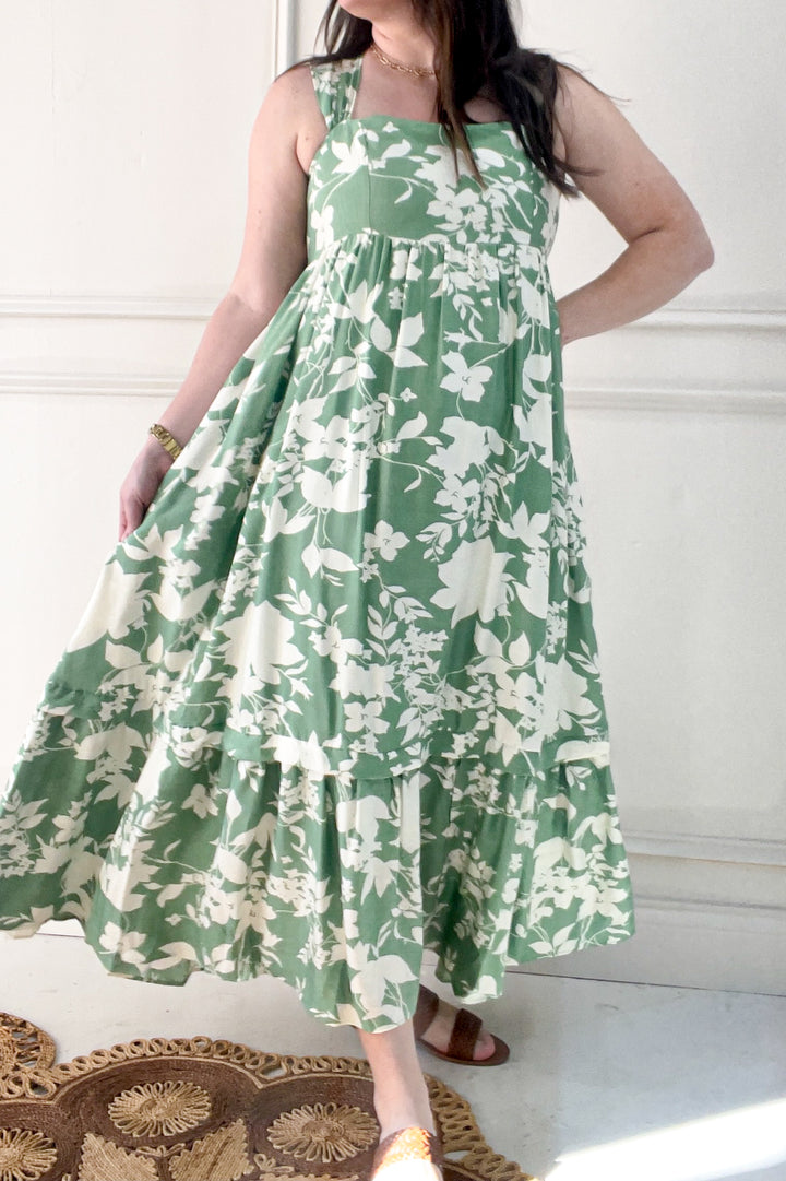 Cap Sleeve Printed Square Neck Midi Dress