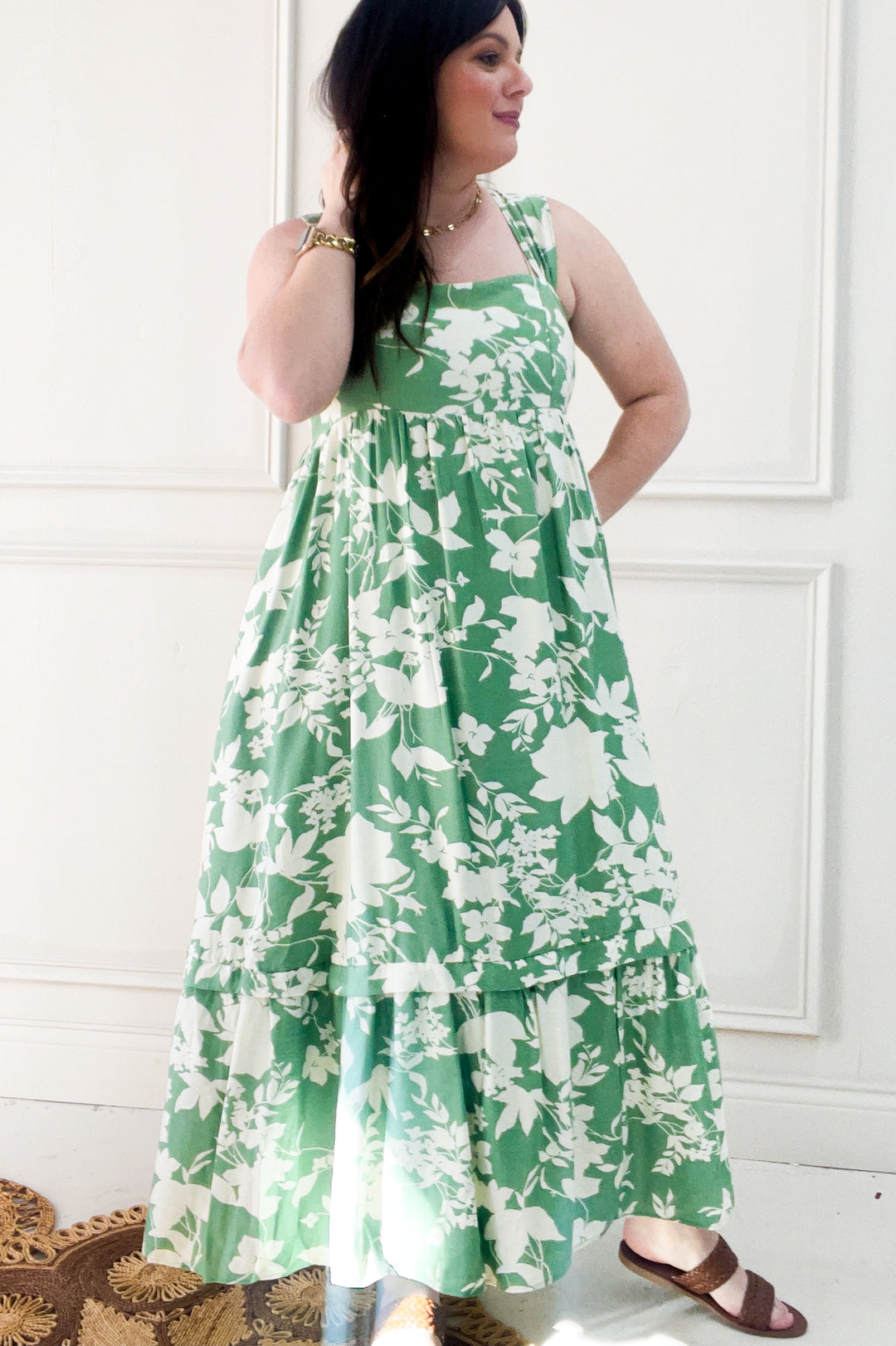 Cap Sleeve Printed Square Neck Midi Dress