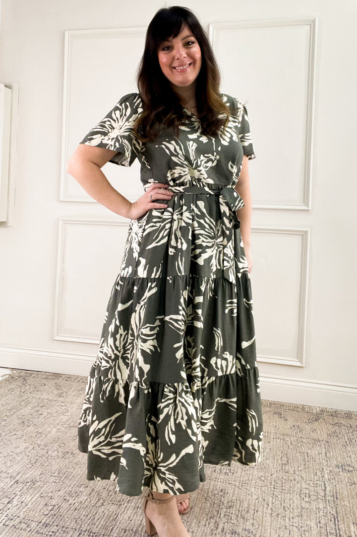 Short Sleeve Printed Tiered Midi Dress