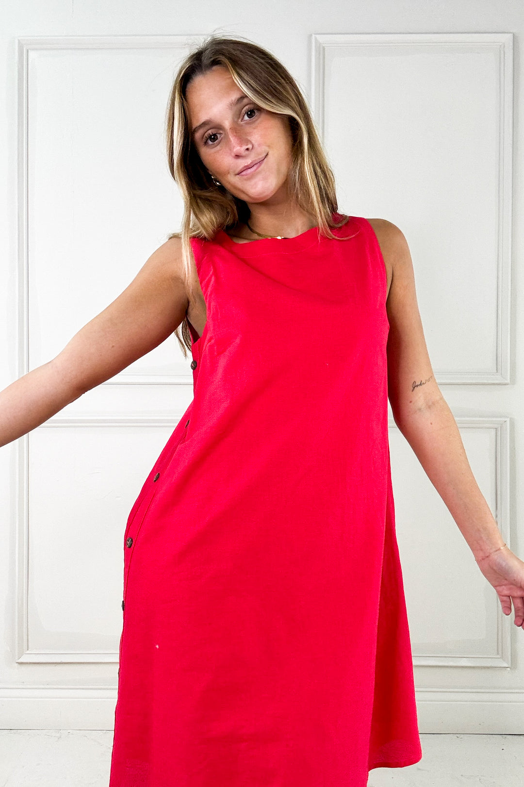 Linen Side Button Detail Mini Dress