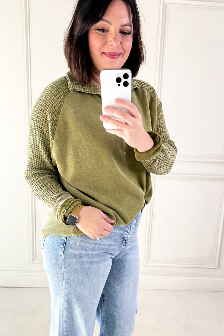 Duality Waffle Knit Henley Long Sleeve Top