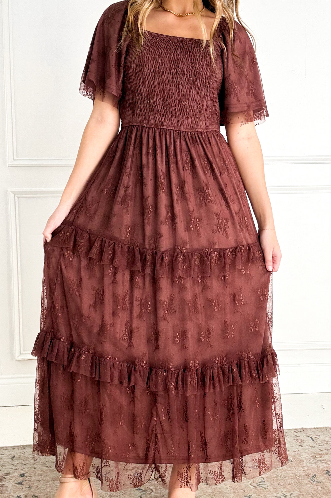 Chocolate Lace Tiered Holiday Maxi Dress
