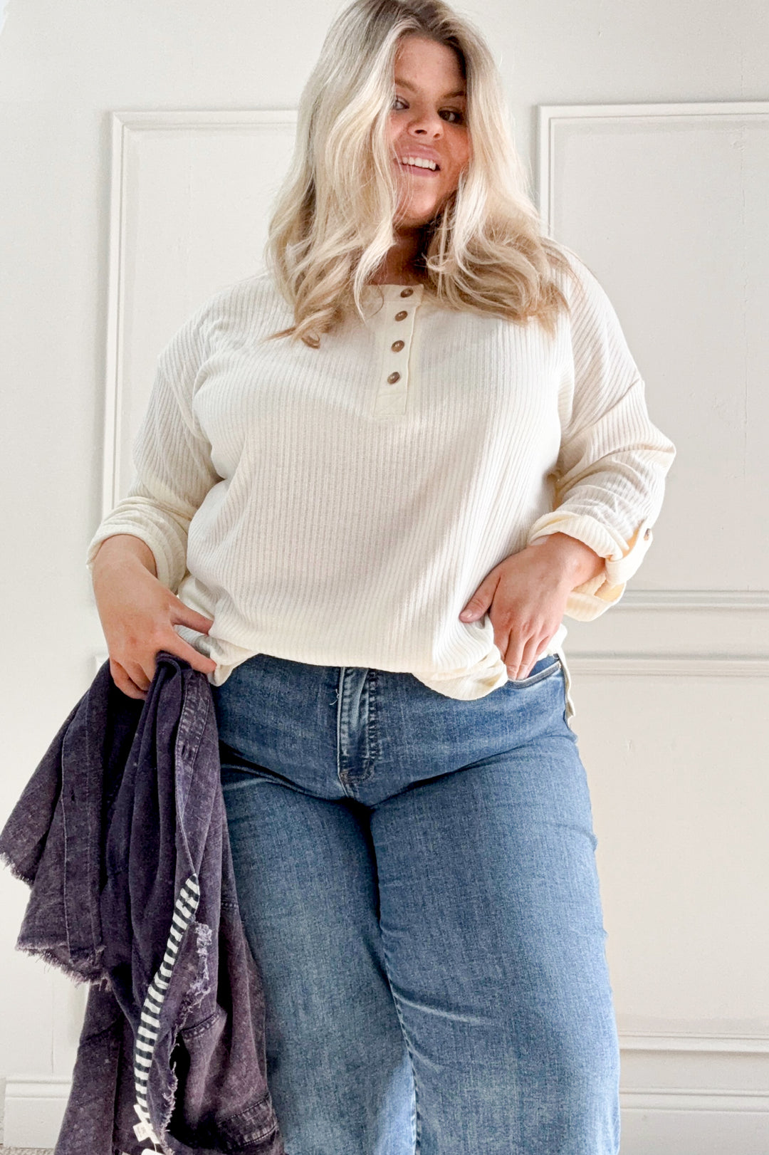 Tab Sleeve Henley Knit Curvy Top