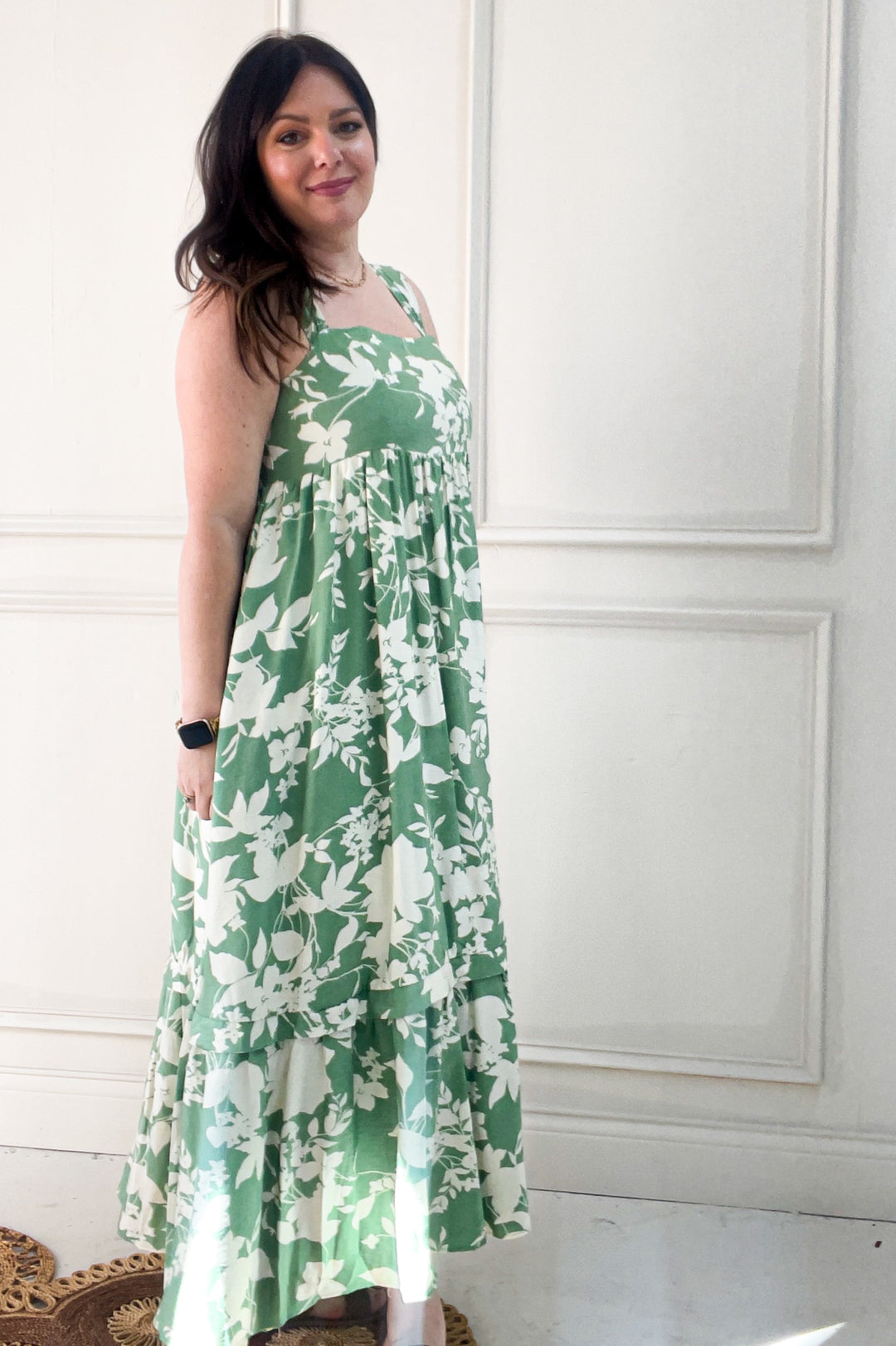 Cap Sleeve Printed Square Neck Midi Dress