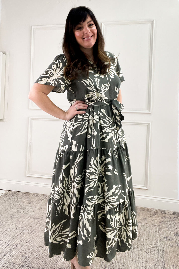 Short Sleeve Printed Tiered Midi Dress