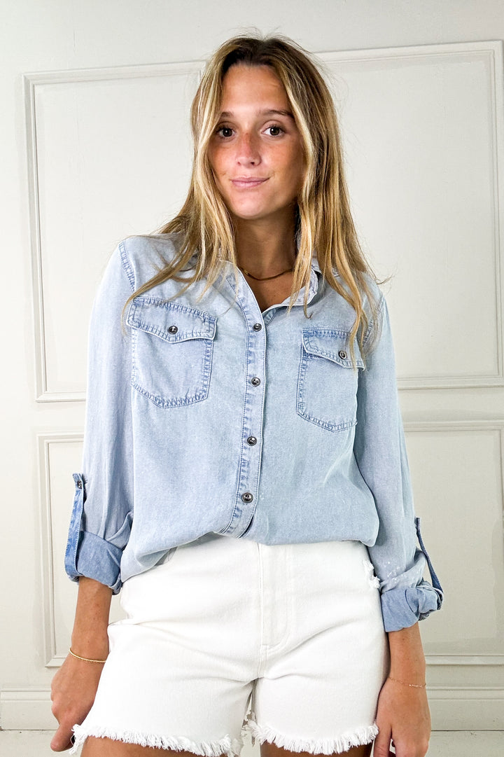 Chambray Button Down Shirt with Roll Up Sleeve